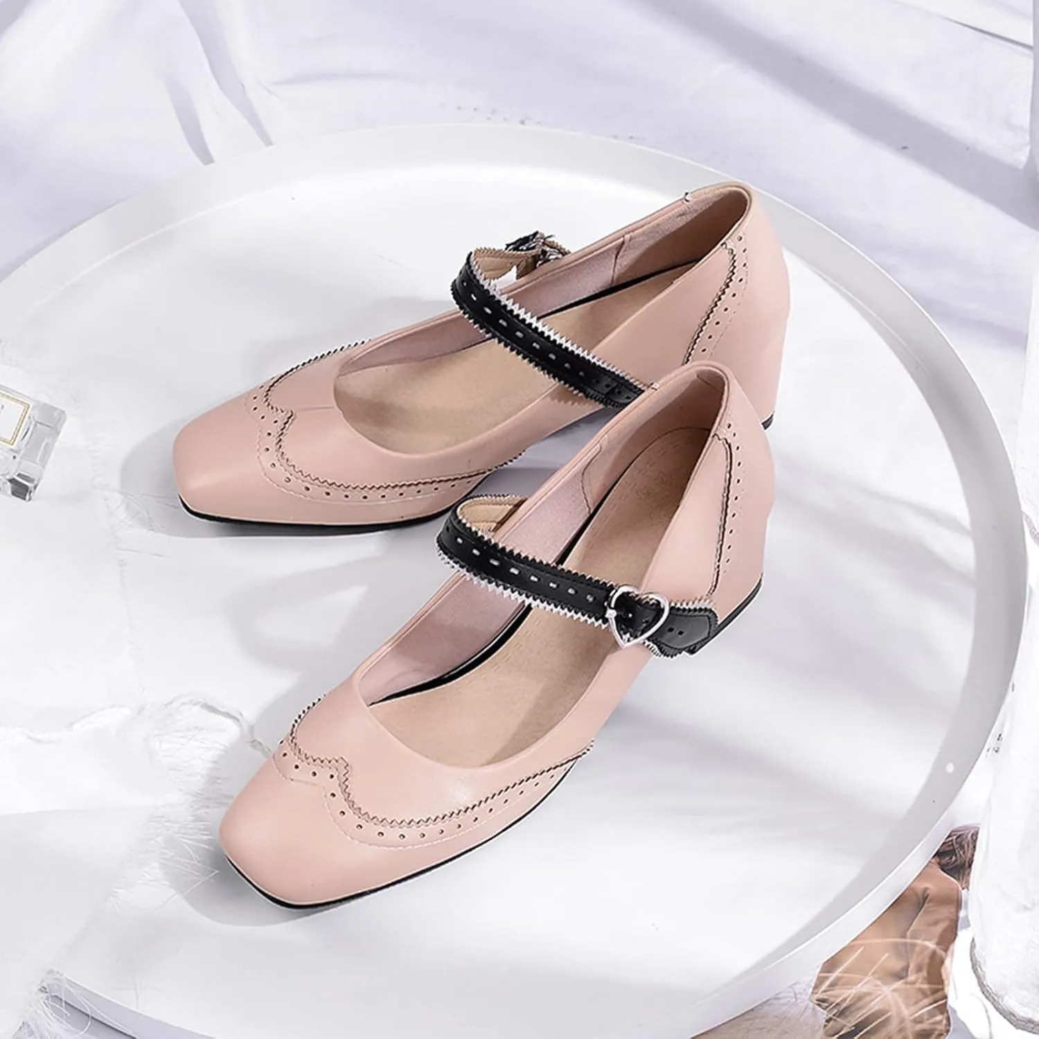 Women Fashion Square Toe Dress Pumps Retro Ankle Strap Mary Janes Retro Mid Block Heel Brogue Shoes