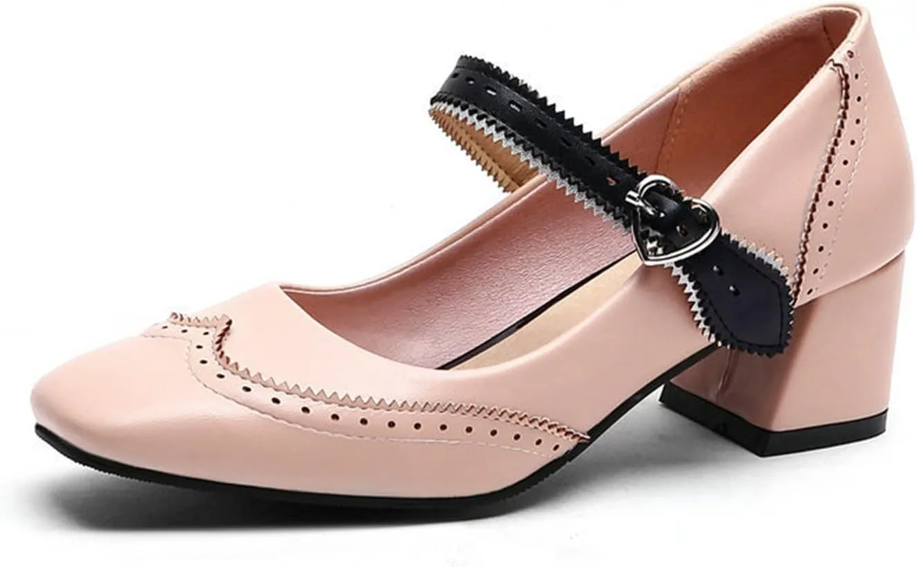 Women Fashion Square Toe Dress Pumps Retro Ankle Strap Mary Janes Retro Mid Block Heel Brogue Shoes