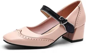 Women Fashion Square Toe Dress Pumps Retro Ankle Strap Mary Janes Retro Mid Block Heel Brogue Shoes