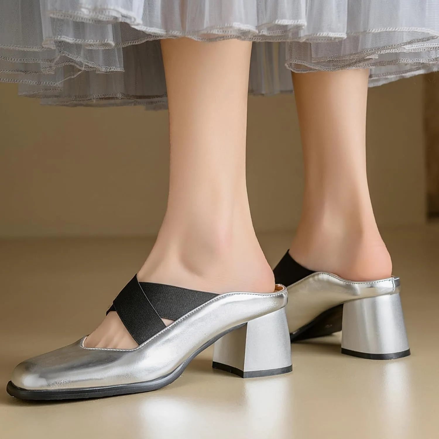 Women Strap Block Heels Closed Toe Mid Heel Sandals