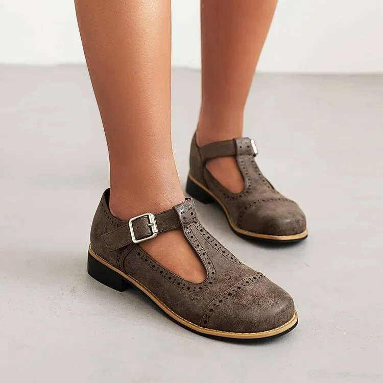Women T-Strap Brogue Mary Jane Pumps Low Block Heels with Belt Buckles