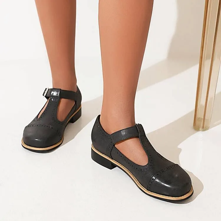 Women T-Strap Brogue Mary Jane Pumps Low Block Heels with Belt Buckles