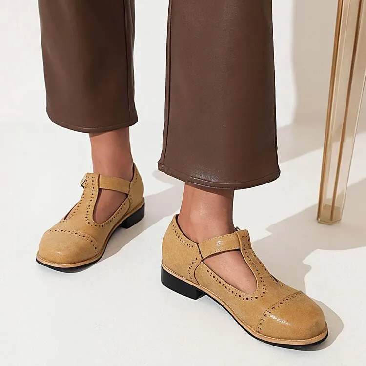 Women T-Strap Brogue Mary Jane Pumps Low Block Heels with Belt Buckles