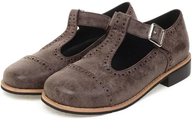Women T-Strap Brogue Mary Jane Pumps Low Block Heels with Belt Buckles
