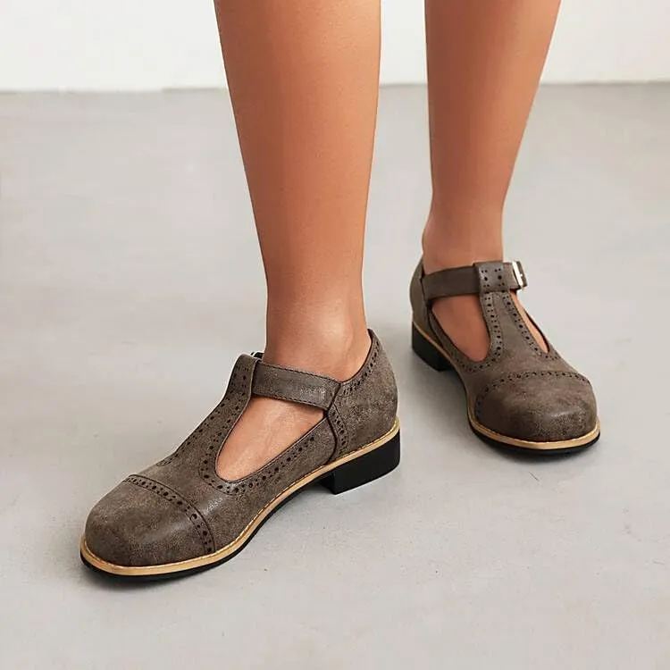Women T-Strap Brogue Mary Jane Pumps Low Block Heels with Belt Buckles