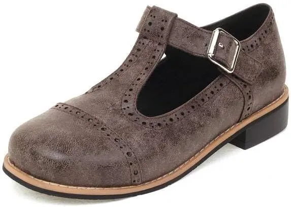 Women T-Strap Brogue Mary Jane Pumps Low Block Heels with Belt Buckles