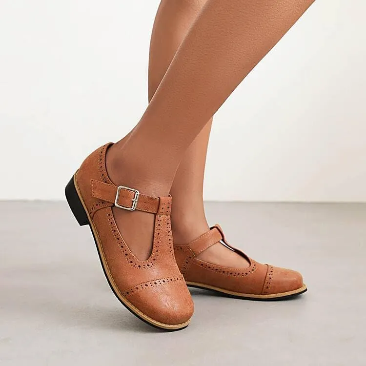 Women T-Strap Brogue Mary Jane Pumps Low Block Heels with Belt Buckles