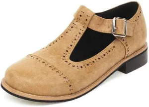 Women T-Strap Brogue Mary Jane Pumps Low Block Heels with Belt Buckles
