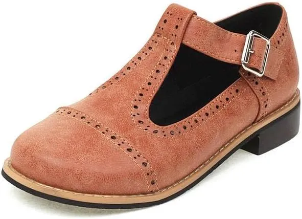 Women T-Strap Brogue Mary Jane Pumps Low Block Heels with Belt Buckles