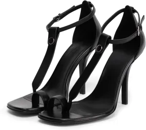 Women's Black/Nude Stiletto Heels Open Square Toe Flip Flop High Heels T-Strap Ankle Buckle Summer Party Dress Sandals Ladies