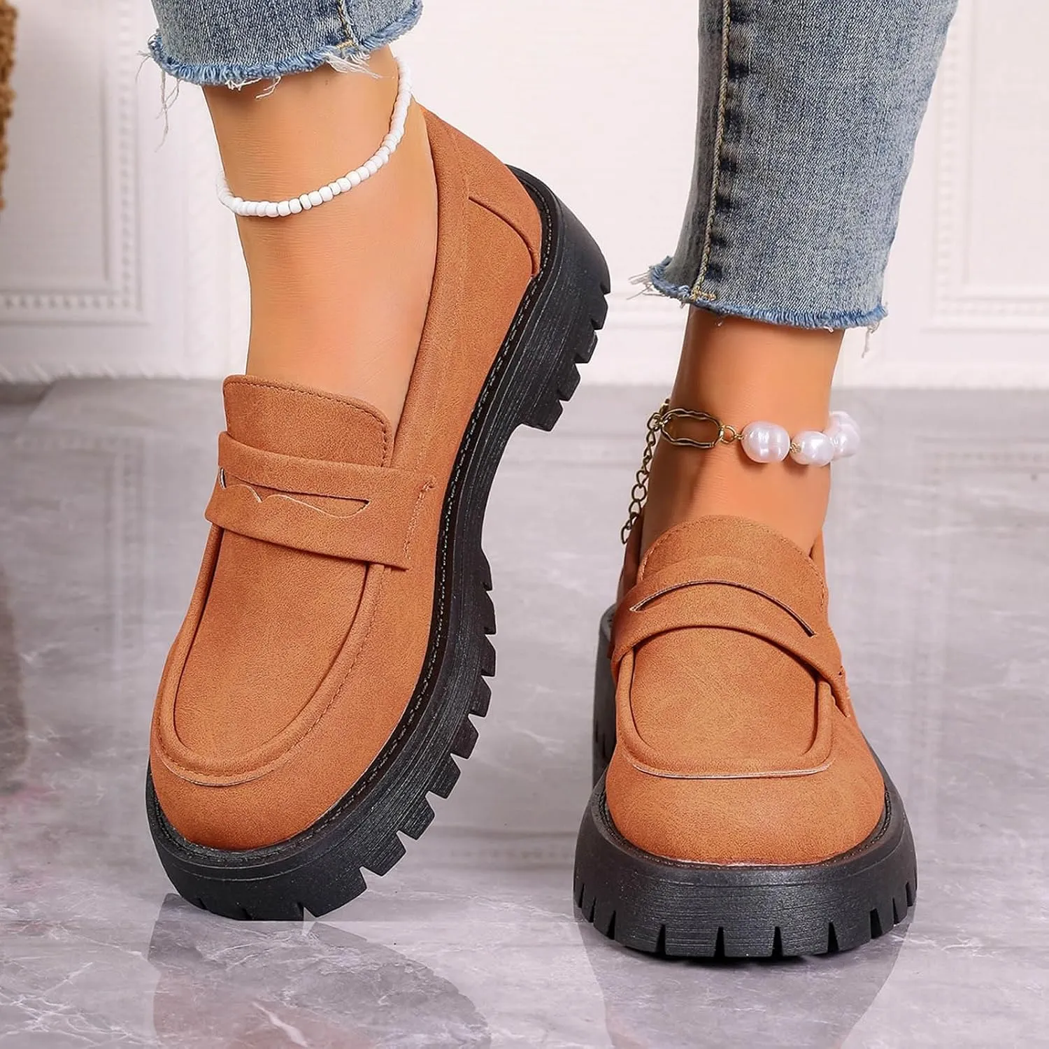 Womens Chunky Loafers Platform Work Shoes Dress Penny Loafers Comfortable Office Shoes Casual Leather Shoes