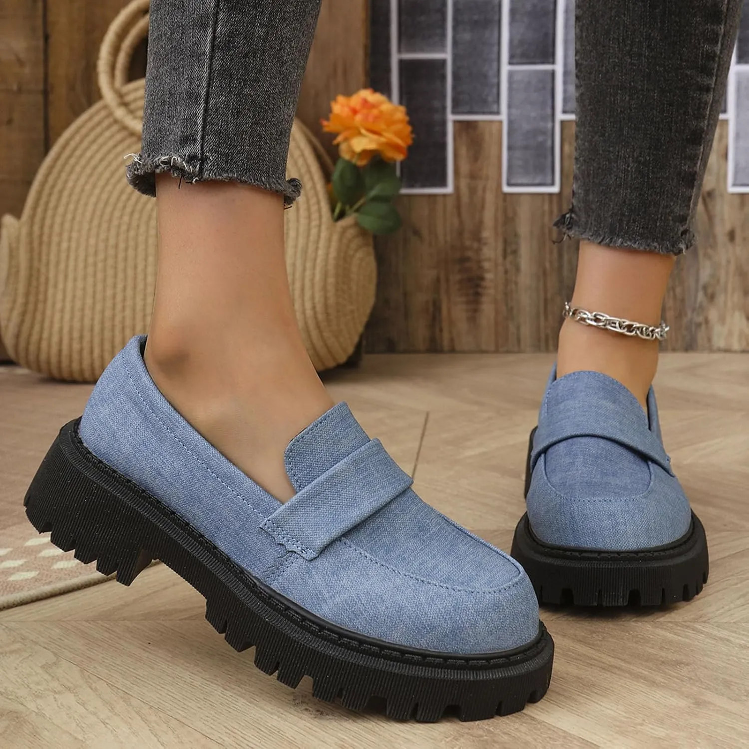 Womens Chunky Loafers Platform Work Shoes Dress Penny Loafers Comfortable Office Shoes Casual Leather Shoes