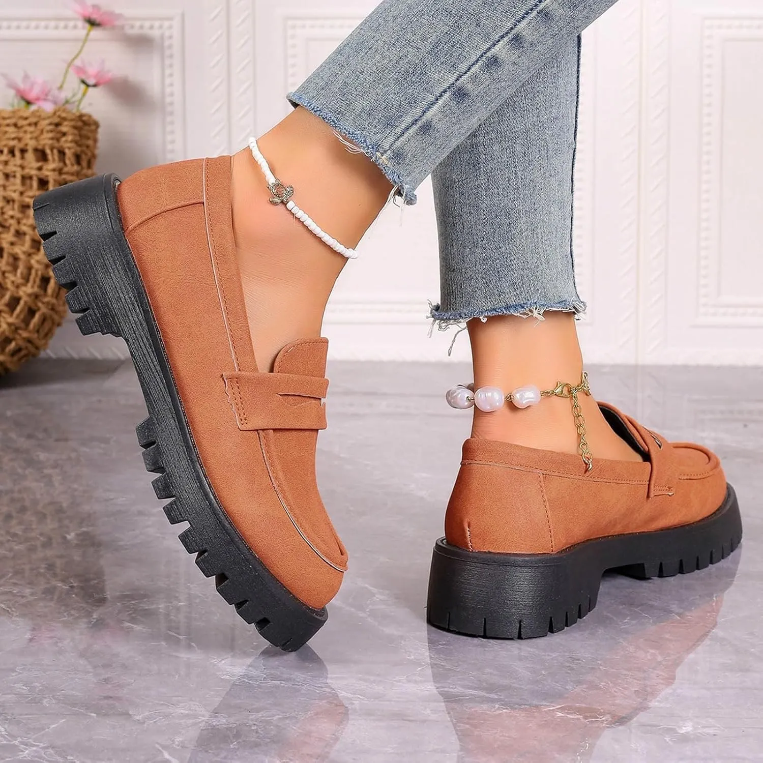 Womens Chunky Loafers Platform Work Shoes Dress Penny Loafers Comfortable Office Shoes Casual Leather Shoes
