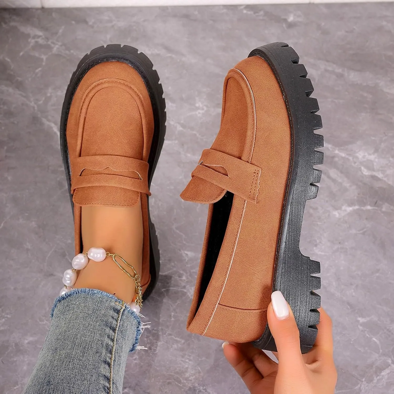 Womens Chunky Loafers Platform Work Shoes Dress Penny Loafers Comfortable Office Shoes Casual Leather Shoes