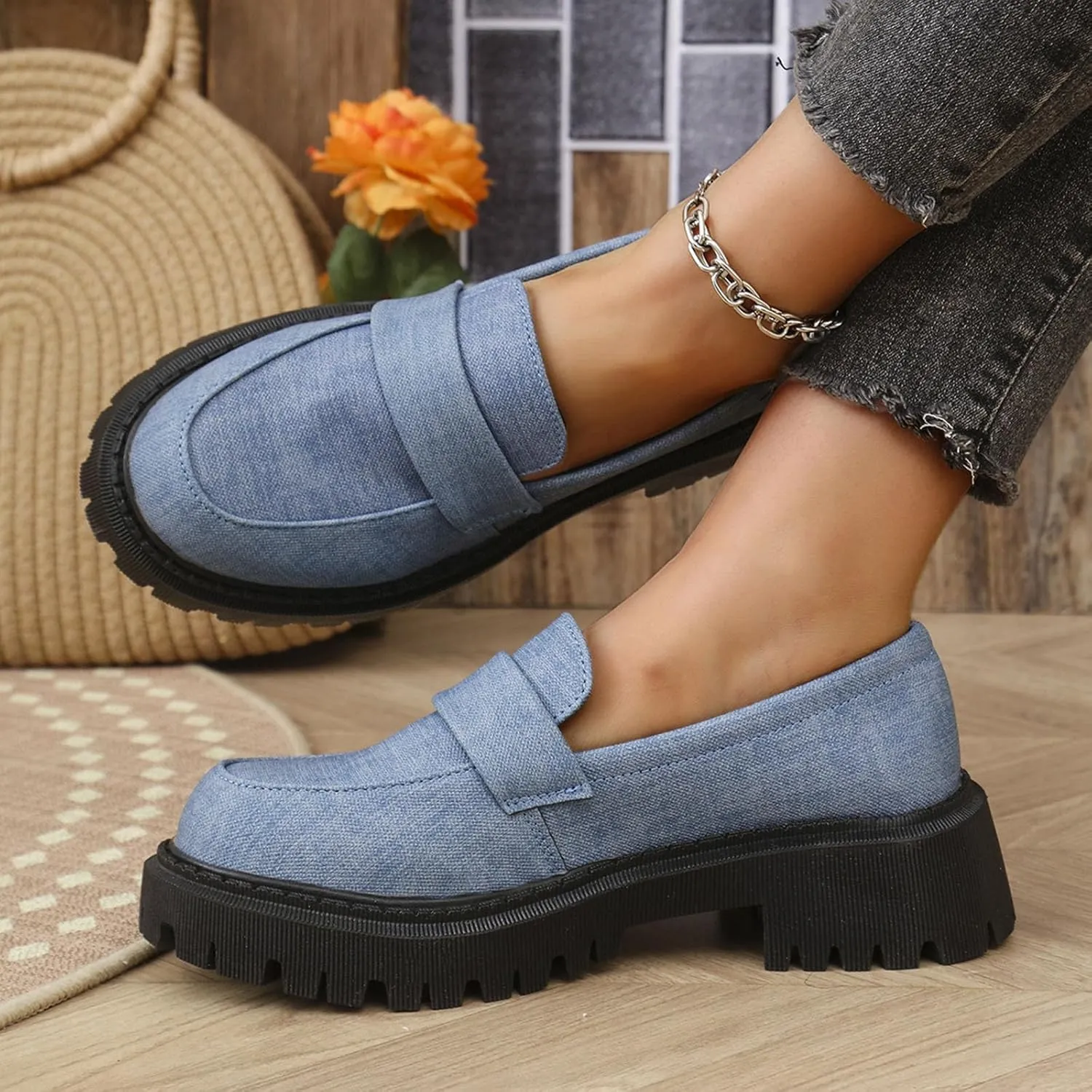 Womens Chunky Loafers Platform Work Shoes Dress Penny Loafers Comfortable Office Shoes Casual Leather Shoes