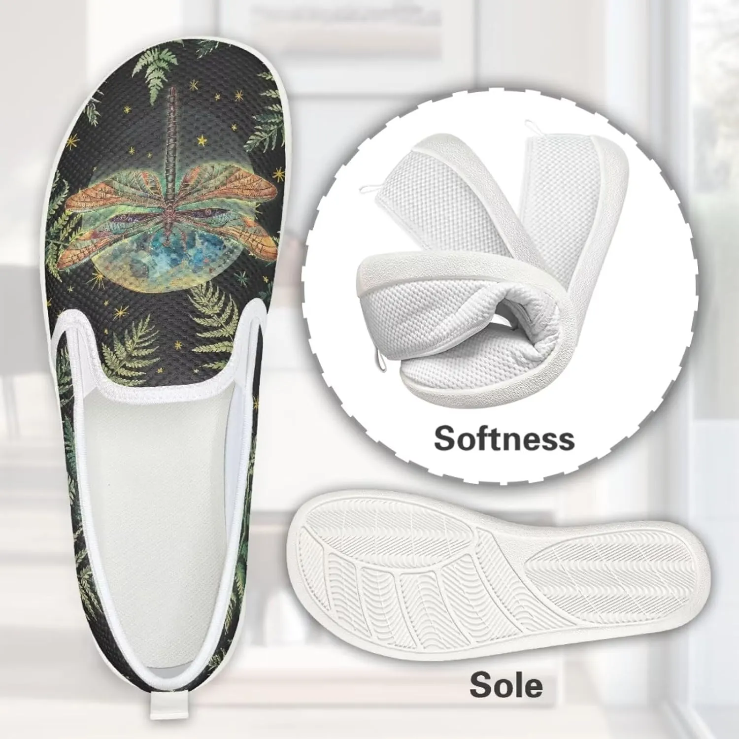 Womens Dragonfly Print Walking Flat Shoes Mesh Hiking Loafer Wide Toe Travel Outdoor Leisure Shoes