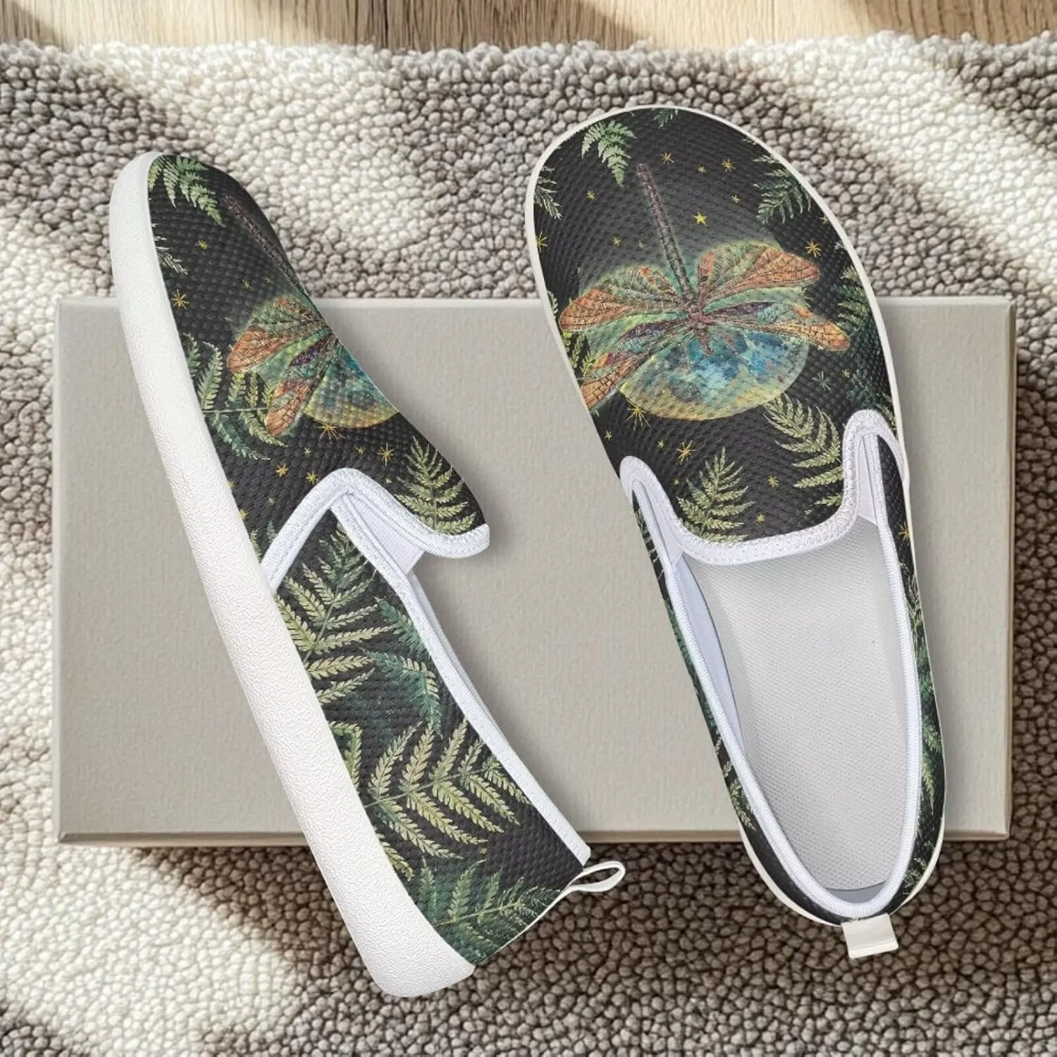 Womens Dragonfly Print Walking Flat Shoes Mesh Hiking Loafer Wide Toe Travel Outdoor Leisure Shoes