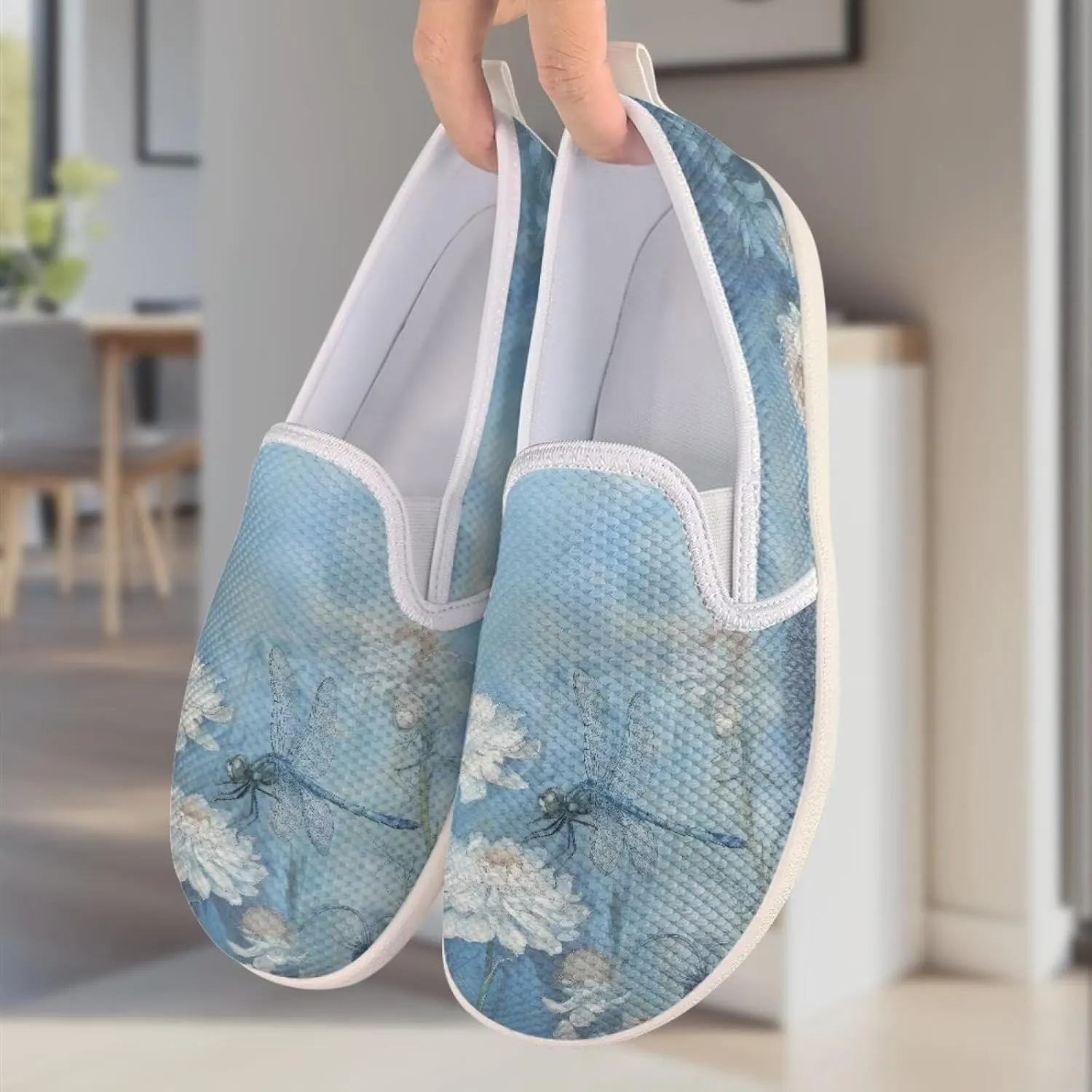 Womens Dragonfly Print Walking Flat Shoes Mesh Hiking Loafer Wide Toe Travel Outdoor Leisure Shoes
