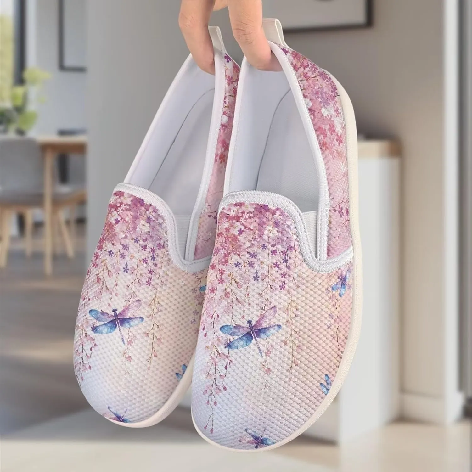 Womens Dragonfly Print Walking Flat Shoes Mesh Hiking Loafer Wide Toe Travel Outdoor Leisure Shoes