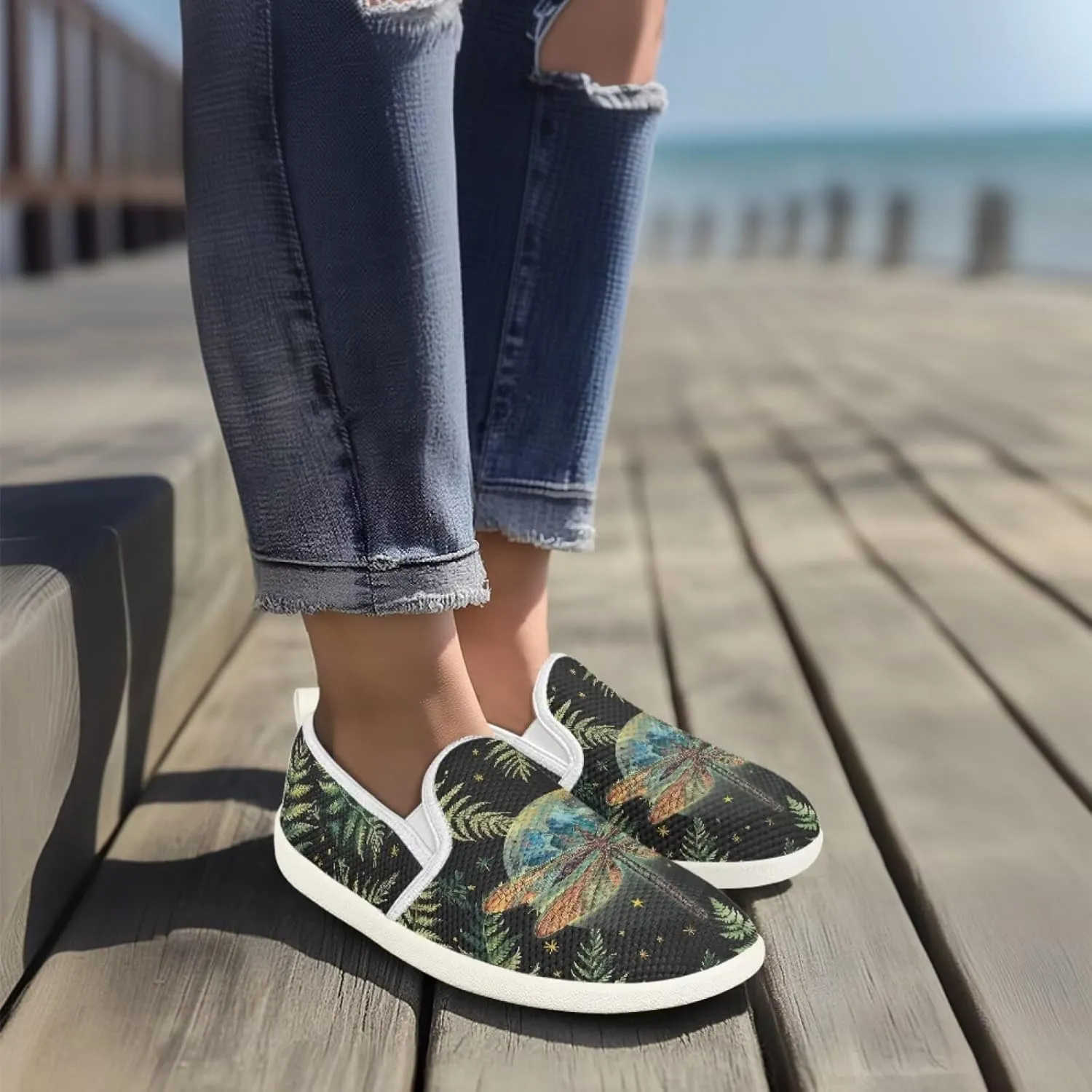 Womens Dragonfly Print Walking Flat Shoes Mesh Hiking Loafer Wide Toe Travel Outdoor Leisure Shoes