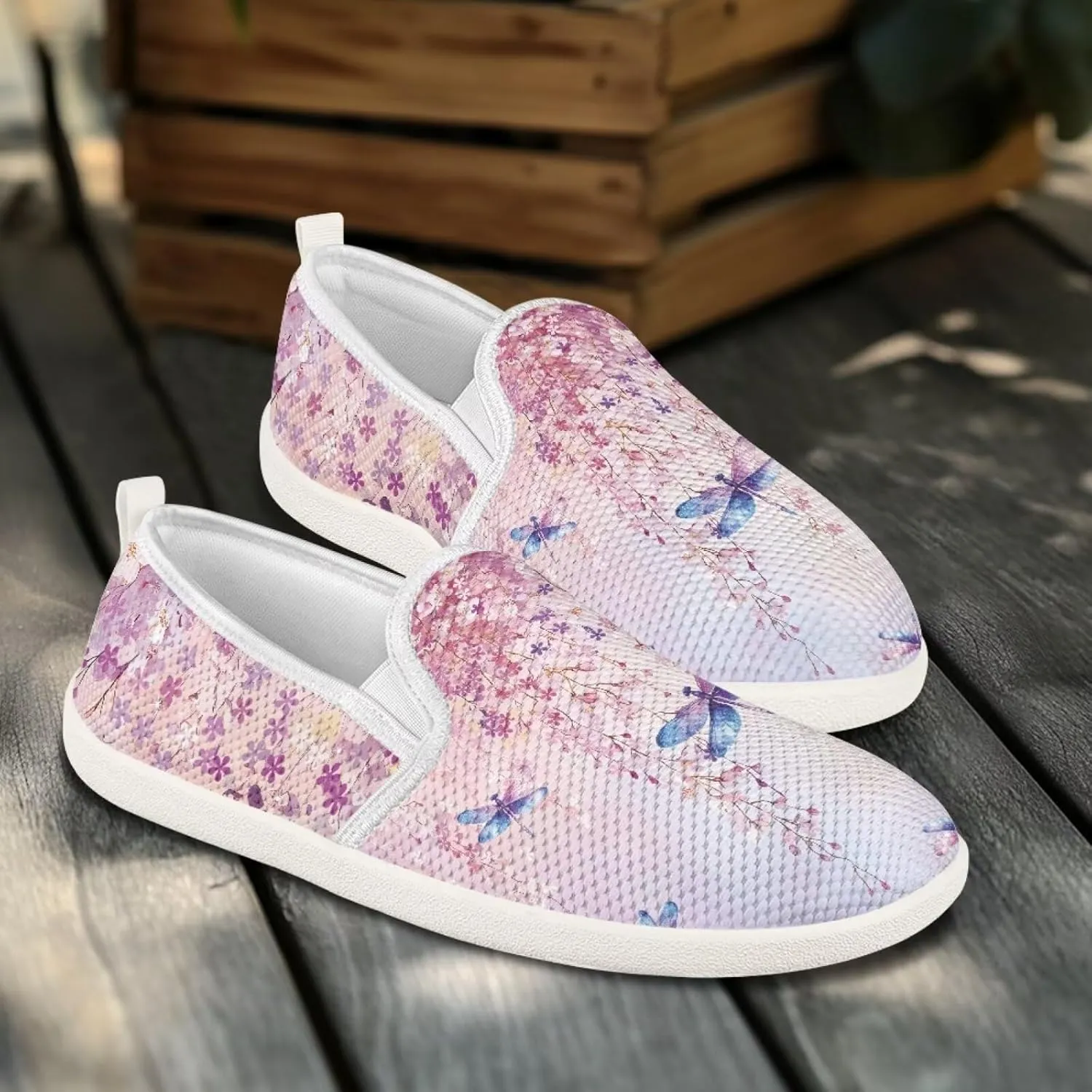 Womens Dragonfly Print Walking Flat Shoes Mesh Hiking Loafer Wide Toe Travel Outdoor Leisure Shoes