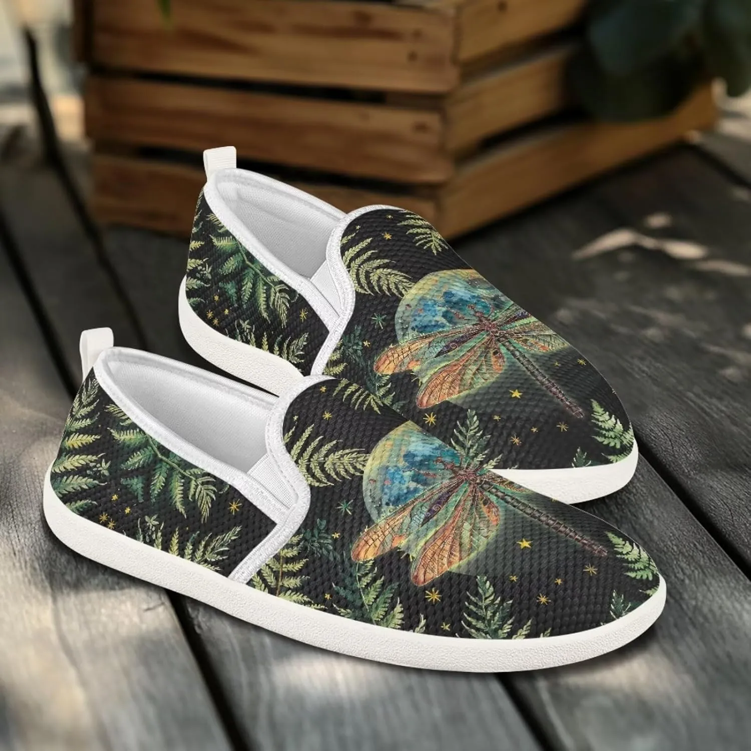 Womens Dragonfly Print Walking Flat Shoes Mesh Hiking Loafer Wide Toe Travel Outdoor Leisure Shoes