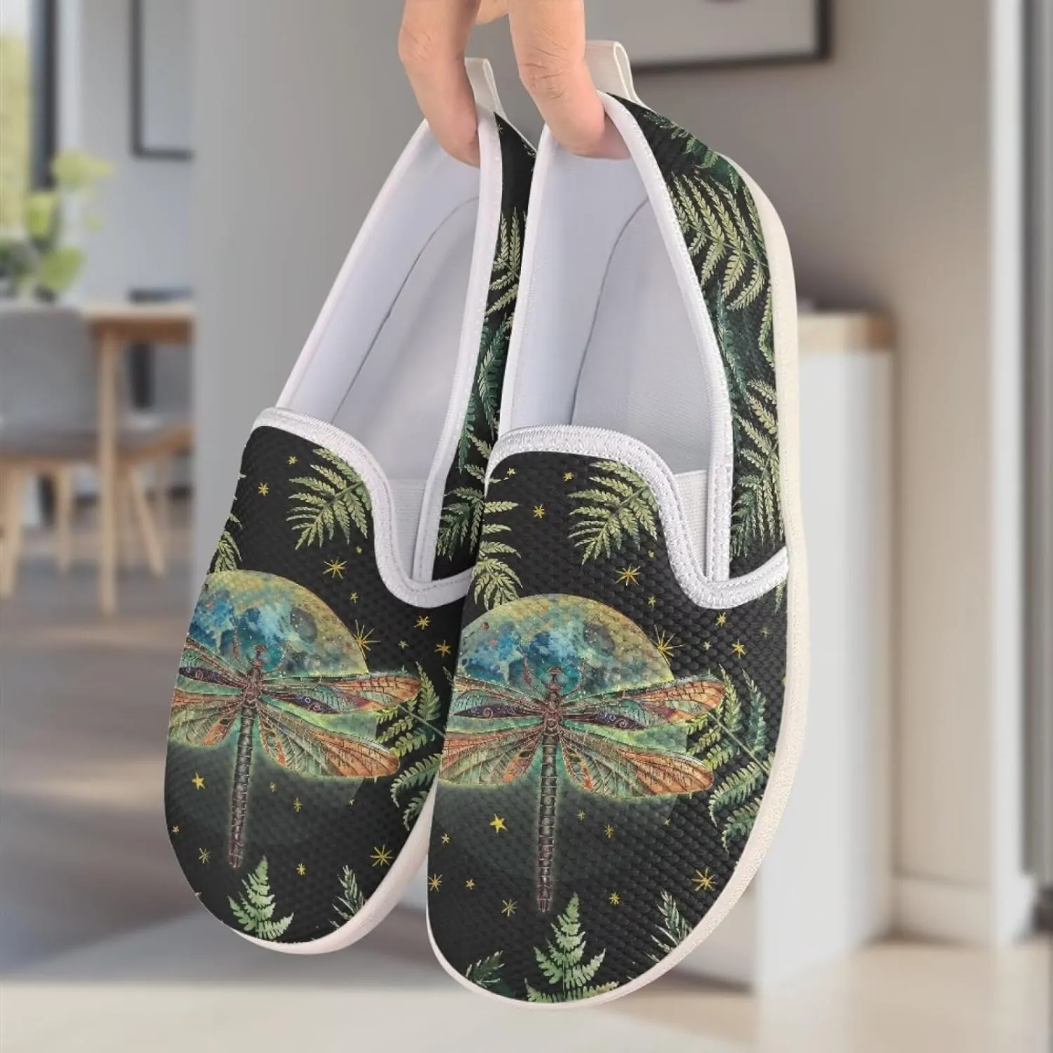 Womens Dragonfly Print Walking Flat Shoes Mesh Hiking Loafer Wide Toe Travel Outdoor Leisure Shoes