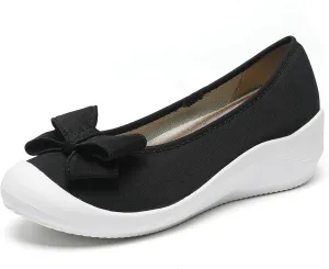 Women's Elasticity Knit Bow Knot Wedge Orthopedics Loafers Lightweight Breathable Round Toe Backless Soft Sole Platform Comfortable Slip On Casual Dressy Walking Shoes for Party Work