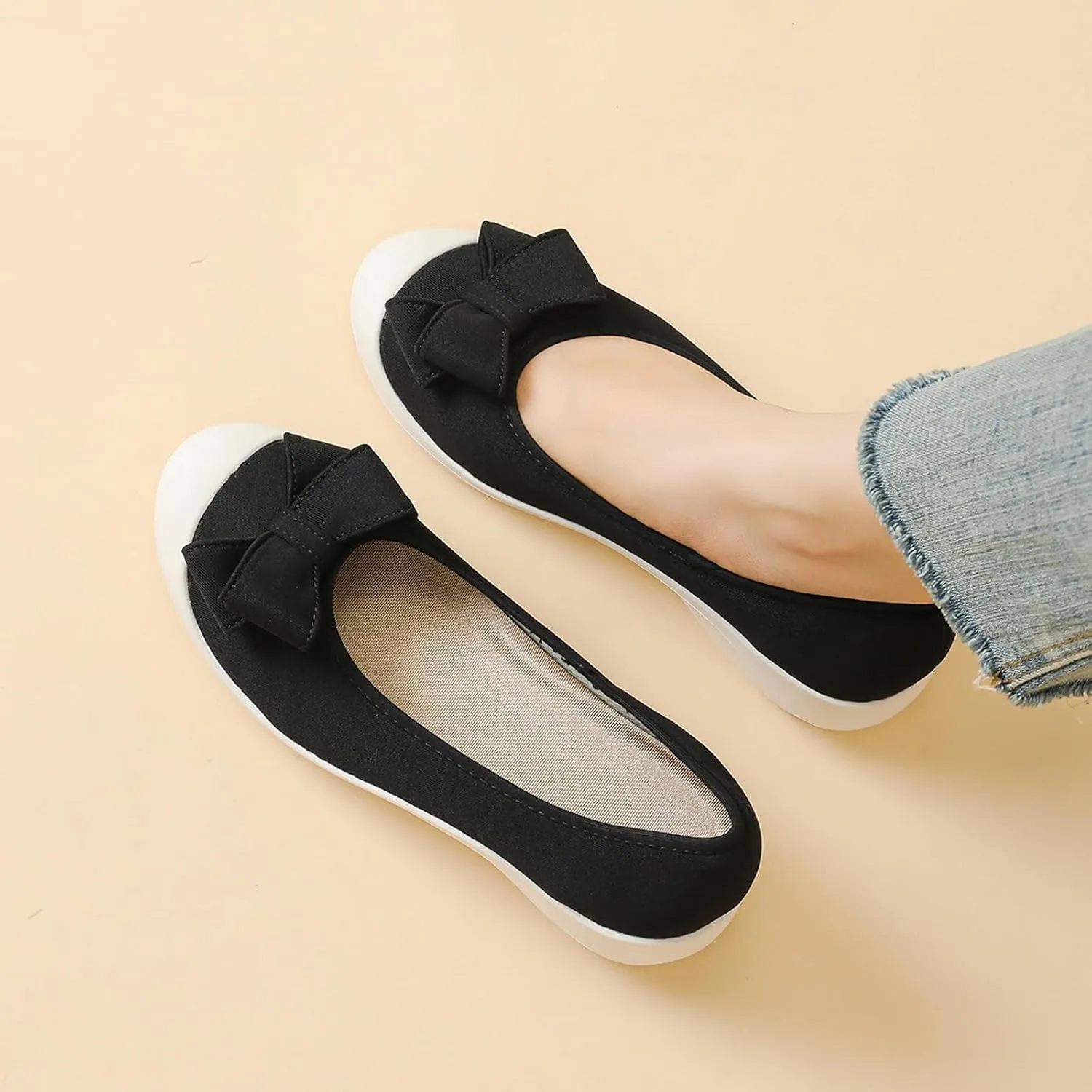 Women's Elasticity Knit Bow Knot Wedge Orthopedics Loafers Lightweight Breathable Round Toe Backless Soft Sole Platform Comfortable Slip On Casual Dressy Walking Shoes for Party Work