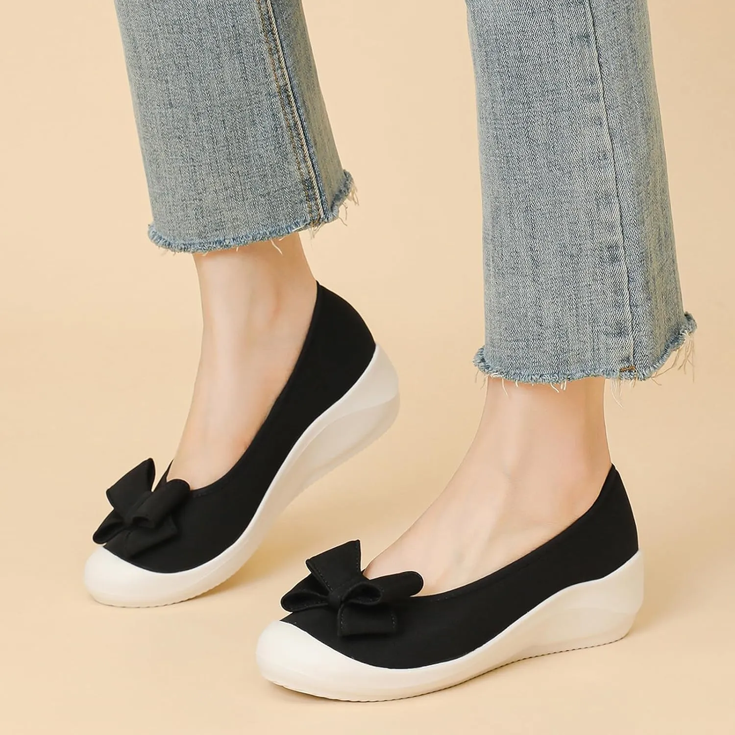 Women's Elasticity Knit Bow Knot Wedge Orthopedics Loafers Lightweight Breathable Round Toe Backless Soft Sole Platform Comfortable Slip On Casual Dressy Walking Shoes for Party Work