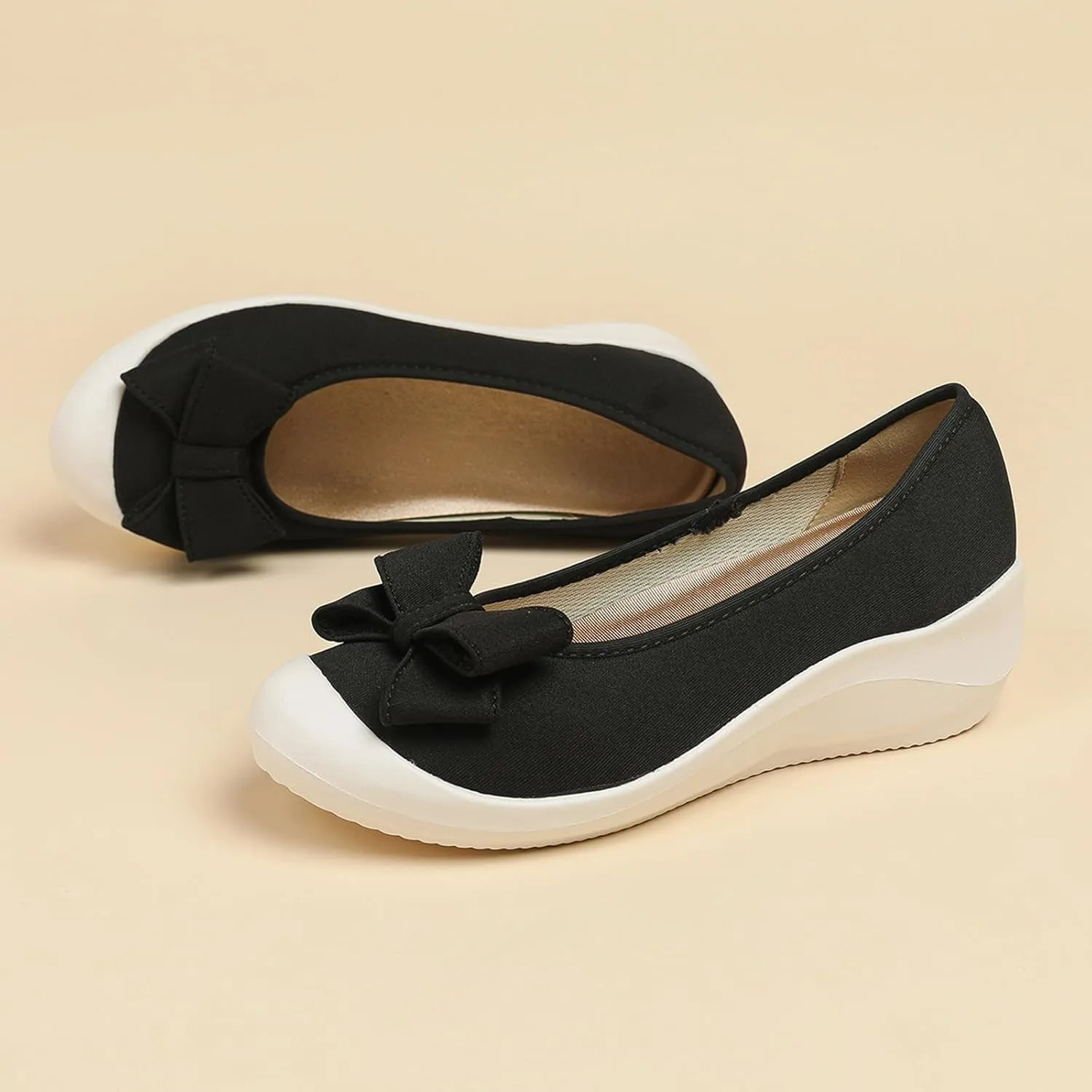 Women's Elasticity Knit Bow Knot Wedge Orthopedics Loafers Lightweight Breathable Round Toe Backless Soft Sole Platform Comfortable Slip On Casual Dressy Walking Shoes for Party Work