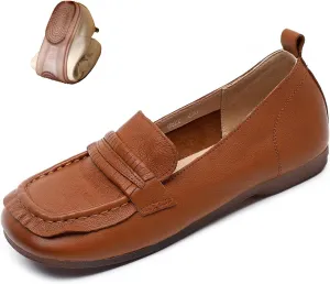 Women's Genuine Leather Driving Moccasins Loafers Fashion Square Toe Lightweight Comfy Soft Sole Non-Slip Walking Flats Causal Office Boat Shoes