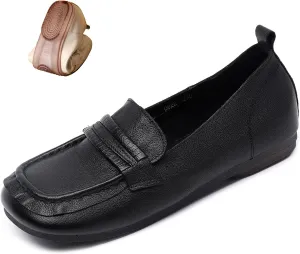 Women's Genuine Leather Driving Moccasins Loafers Fashion Square Toe Lightweight Comfy Soft Sole Non-Slip Walking Flats Causal Office Boat Shoes