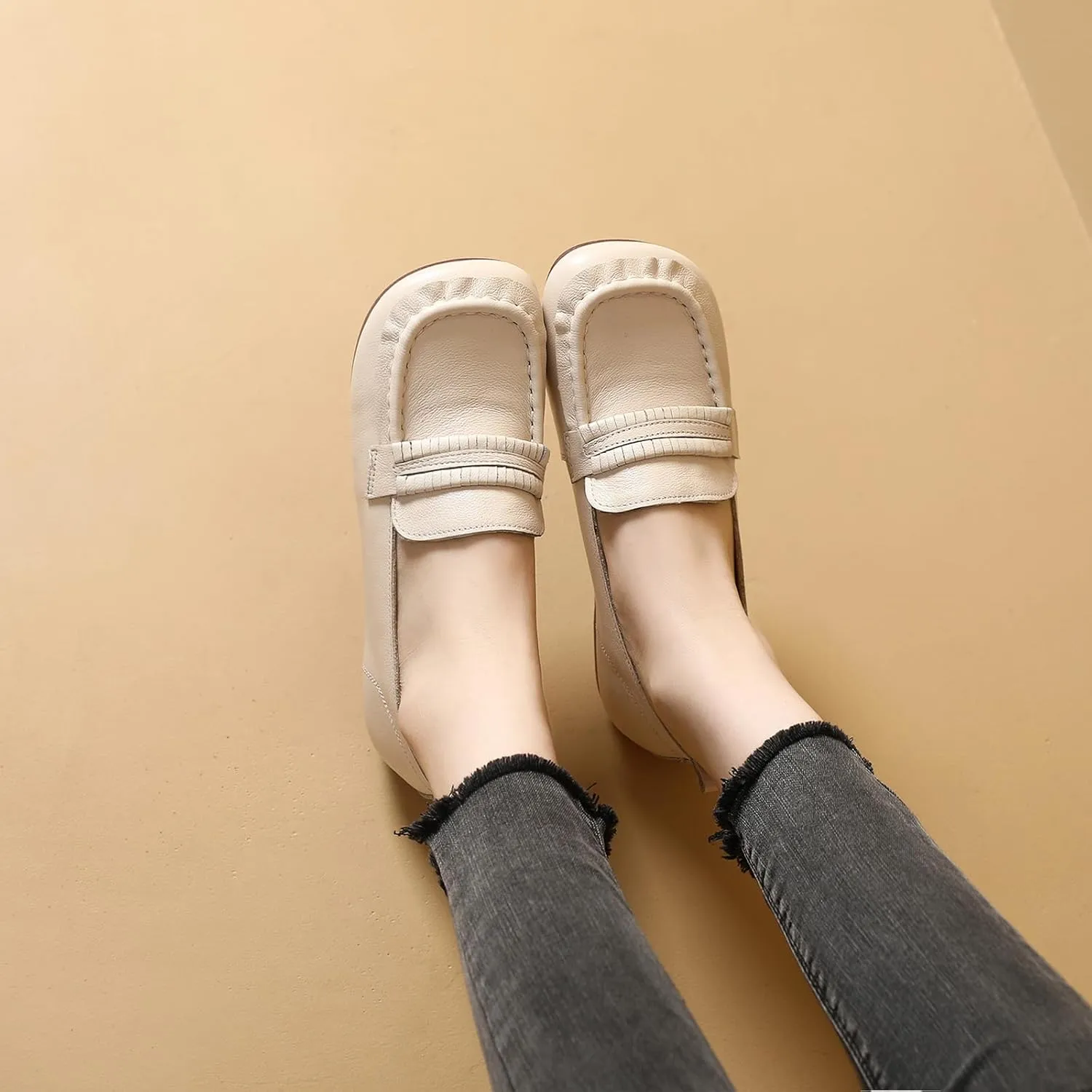 Women's Genuine Leather Driving Moccasins Loafers Fashion Square Toe Lightweight Comfy Soft Sole Non-Slip Walking Flats Causal Office Boat Shoes