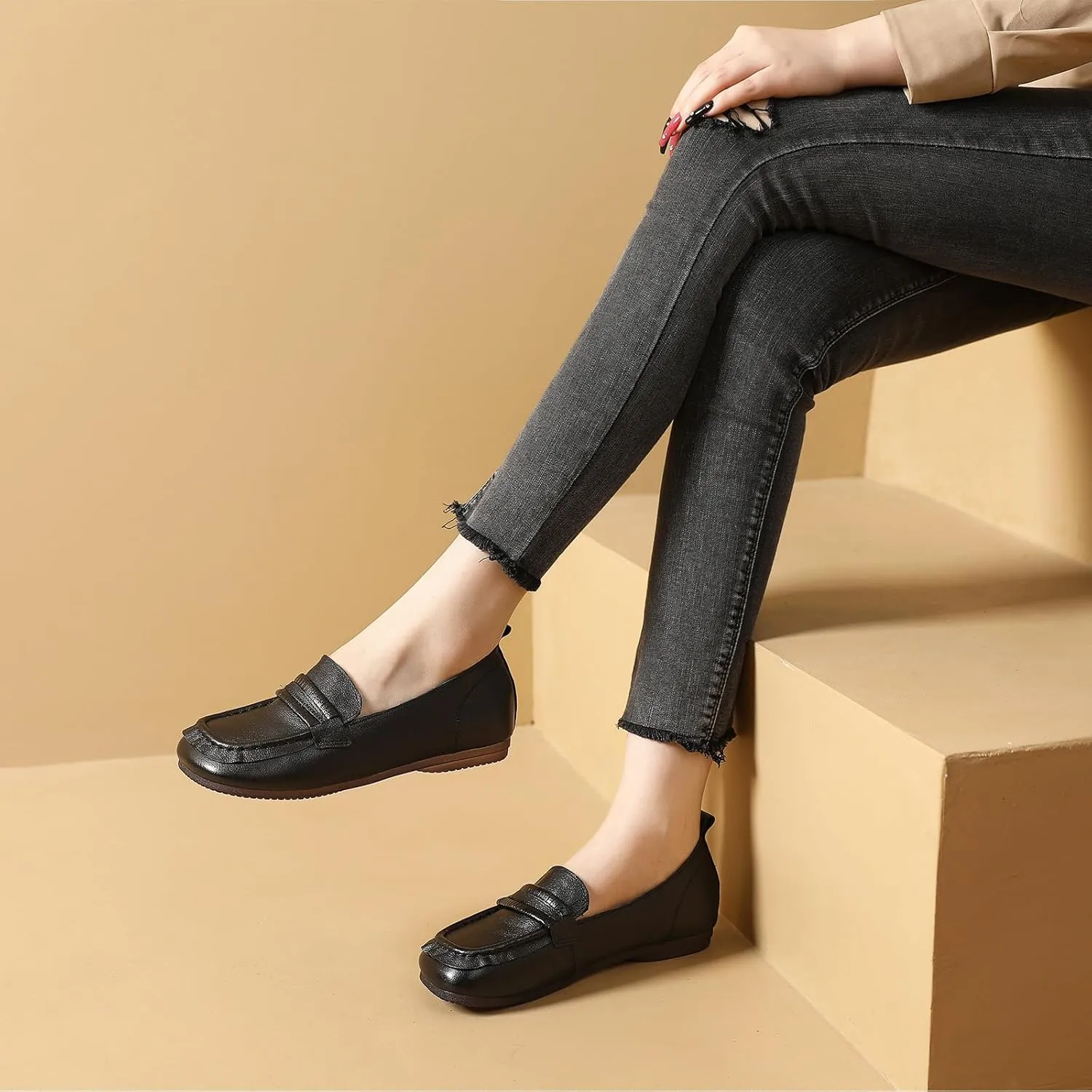 Women's Genuine Leather Driving Moccasins Loafers Fashion Square Toe Lightweight Comfy Soft Sole Non-Slip Walking Flats Causal Office Boat Shoes