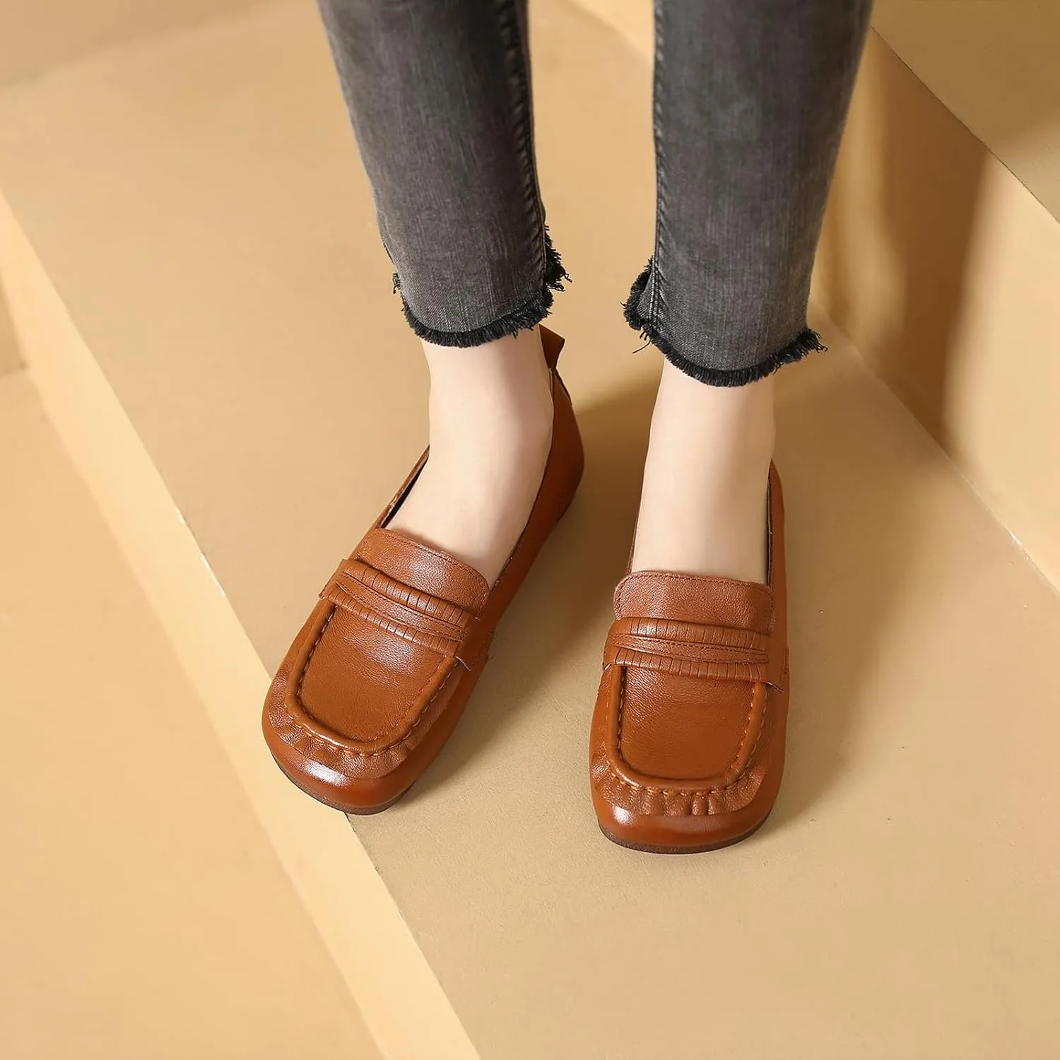 Women's Genuine Leather Driving Moccasins Loafers Fashion Square Toe Lightweight Comfy Soft Sole Non-Slip Walking Flats Causal Office Boat Shoes