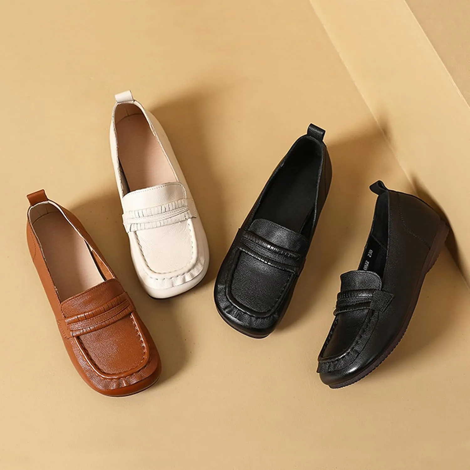 Women's Genuine Leather Driving Moccasins Loafers Fashion Square Toe Lightweight Comfy Soft Sole Non-Slip Walking Flats Causal Office Boat Shoes