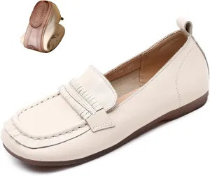 Women's Genuine Leather Driving Moccasins Loafers Fashion Square Toe Lightweight Comfy Soft Sole Non-Slip Walking Flats Causal Office Boat Shoes