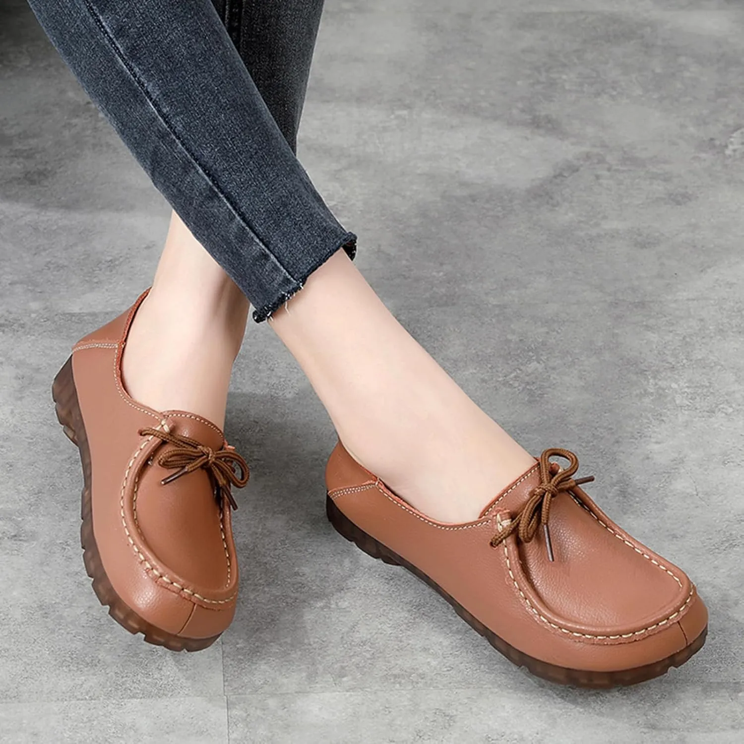 Women's Genuine Leather Lace Up Flat Loafers Hand Stitching Comfortable Non-Slip Soft Sole Driving Moccasins Slip On Casual Walking Work Shoes