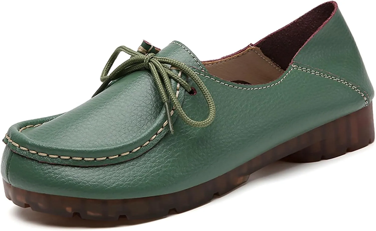 Women's Genuine Leather Lace Up Flat Loafers Hand Stitching Comfortable Non-Slip Soft Sole Driving Moccasins Slip On Casual Walking Work Shoes