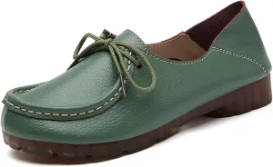 Women's Genuine Leather Lace Up Flat Loafers Hand Stitching Comfortable Non-Slip Soft Sole Driving Moccasins Slip On Casual Walking Work Shoes