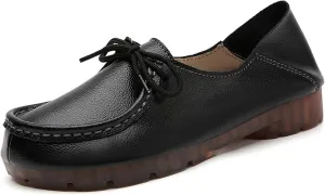 Women's Genuine Leather Lace Up Flat Loafers Hand Stitching Comfortable Non-Slip Soft Sole Driving Moccasins Slip On Casual Walking Work Shoes