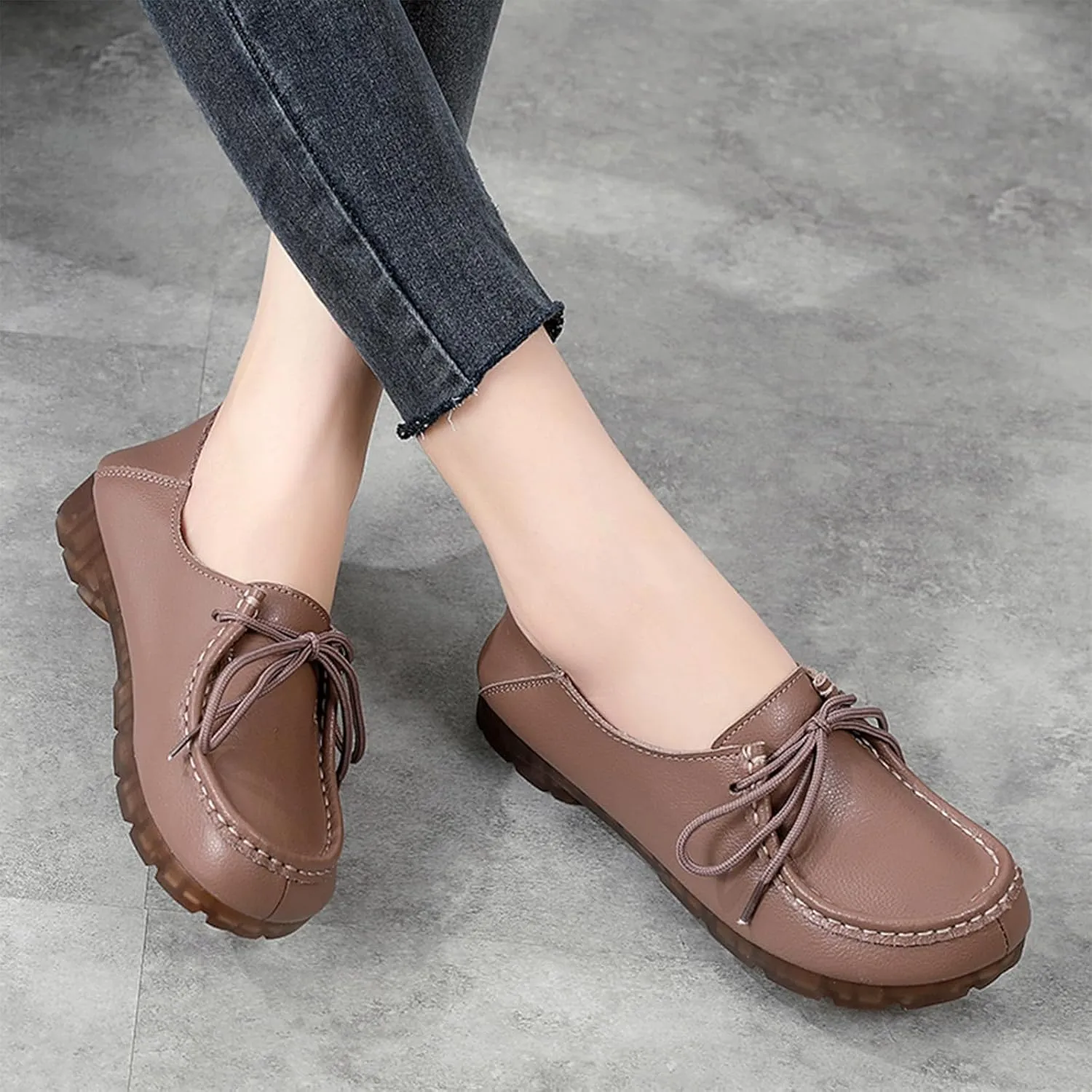 Women's Genuine Leather Lace Up Flat Loafers Hand Stitching Comfortable Non-Slip Soft Sole Driving Moccasins Slip On Casual Walking Work Shoes