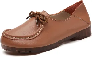 Women's Genuine Leather Lace Up Flat Loafers Hand Stitching Comfortable Non-Slip Soft Sole Driving Moccasins Slip On Casual Walking Work Shoes