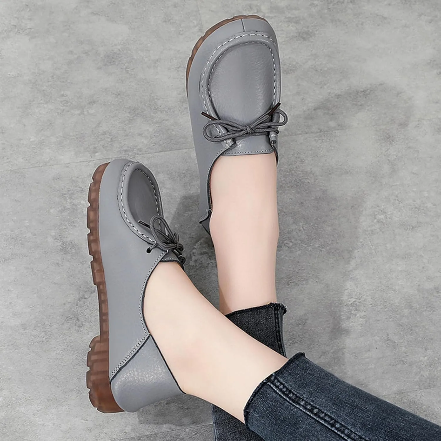 Women's Genuine Leather Lace Up Flat Loafers Hand Stitching Comfortable Non-Slip Soft Sole Driving Moccasins Slip On Casual Walking Work Shoes