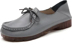 Women's Genuine Leather Lace Up Flat Loafers Hand Stitching Comfortable Non-Slip Soft Sole Driving Moccasins Slip On Casual Walking Work Shoes