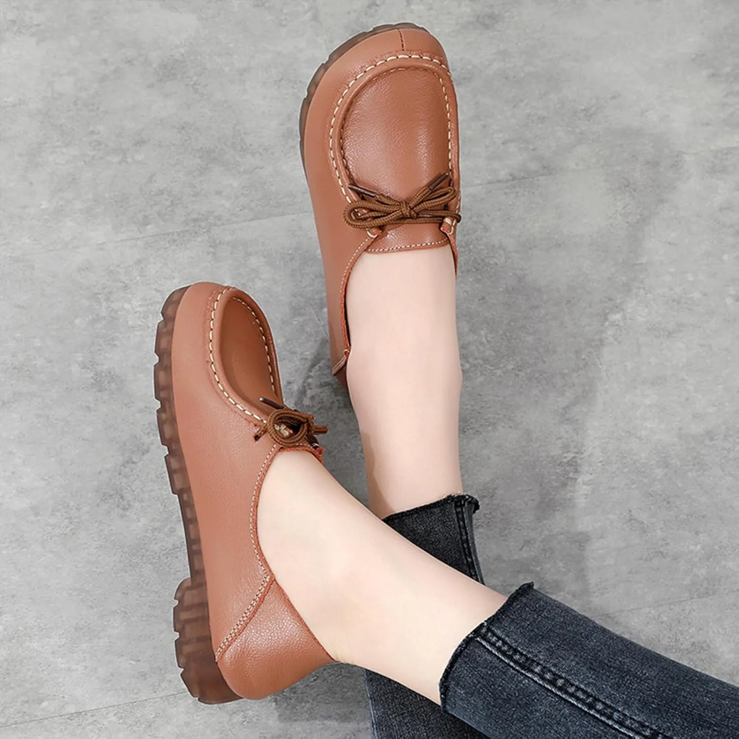 Women's Genuine Leather Lace Up Flat Loafers Hand Stitching Comfortable Non-Slip Soft Sole Driving Moccasins Slip On Casual Walking Work Shoes