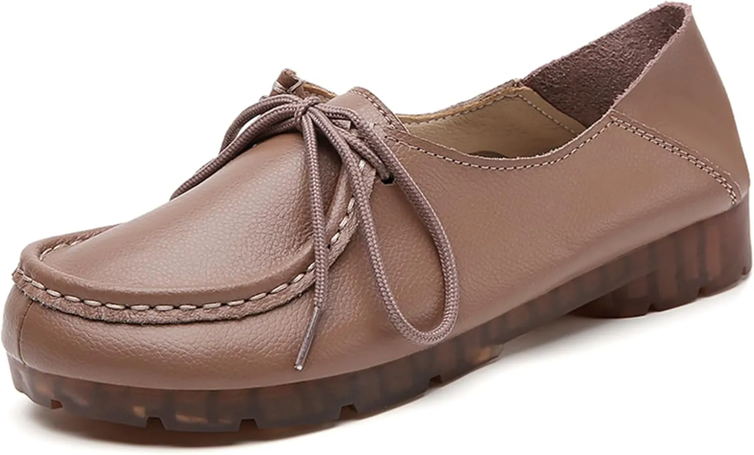 Women's Genuine Leather Lace Up Flat Loafers Hand Stitching Comfortable Non-Slip Soft Sole Driving Moccasins Slip On Casual Walking Work Shoes