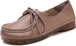 Women's Genuine Leather Lace Up Flat Loafers Hand Stitching Comfortable Non-Slip Soft Sole Driving Moccasins Slip On Casual Walking Work Shoes
