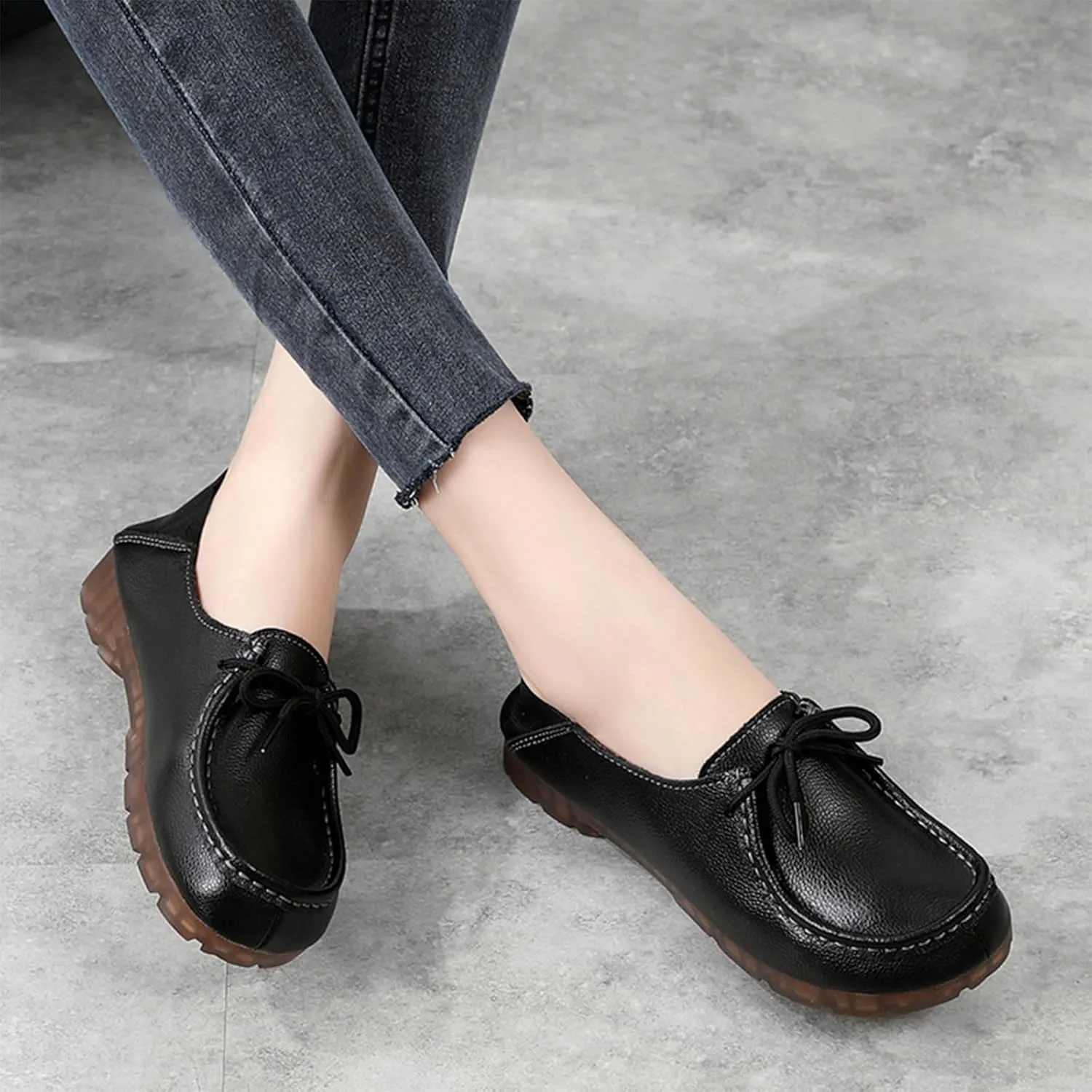 Women's Genuine Leather Lace Up Flat Loafers Hand Stitching Comfortable Non-Slip Soft Sole Driving Moccasins Slip On Casual Walking Work Shoes